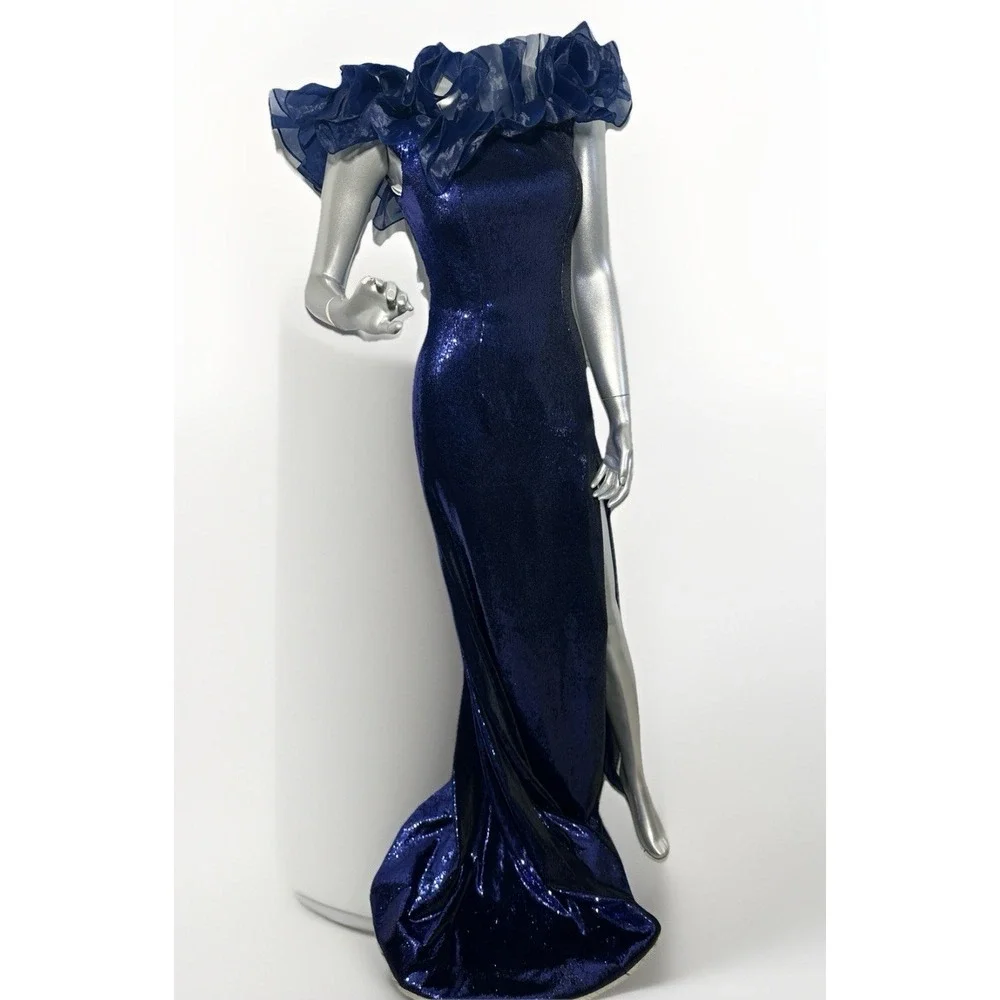 Sherri Hill 55328 Navy Blue Sequin Off-The-Shoulder Ruffle Gown – Size 00